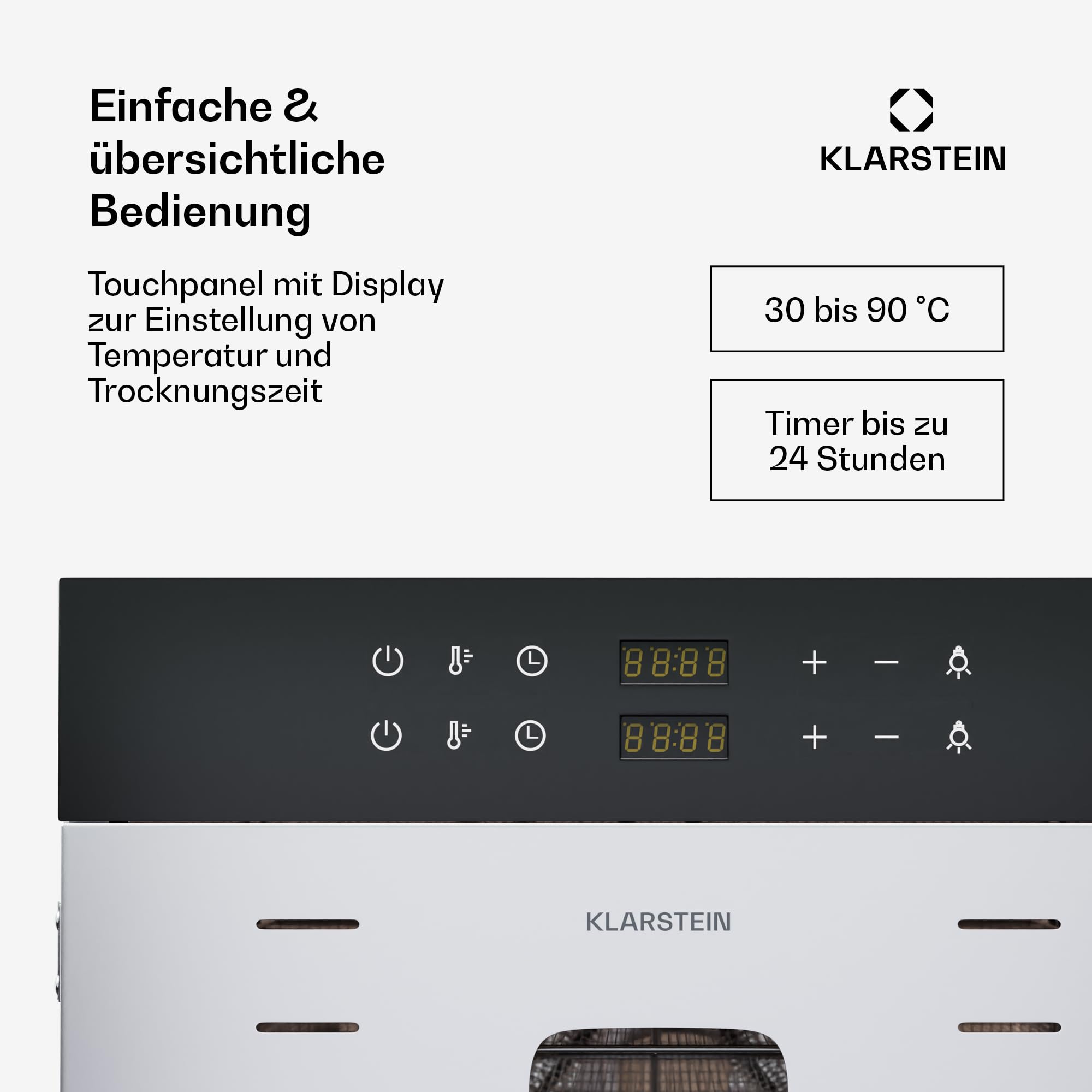 Klarstein Dörrautomat Edelstahl – 4.000-W-Dörrgerät, 48 Edelstahl-Einlegeböden, 30–90 °C, 24-Stunden-Timer, 6 Ventilatoren, 2 Trockenkammern, 50–55 dB, ideal für Obst, Gemüse, Fleisch, Kräuter, Silber