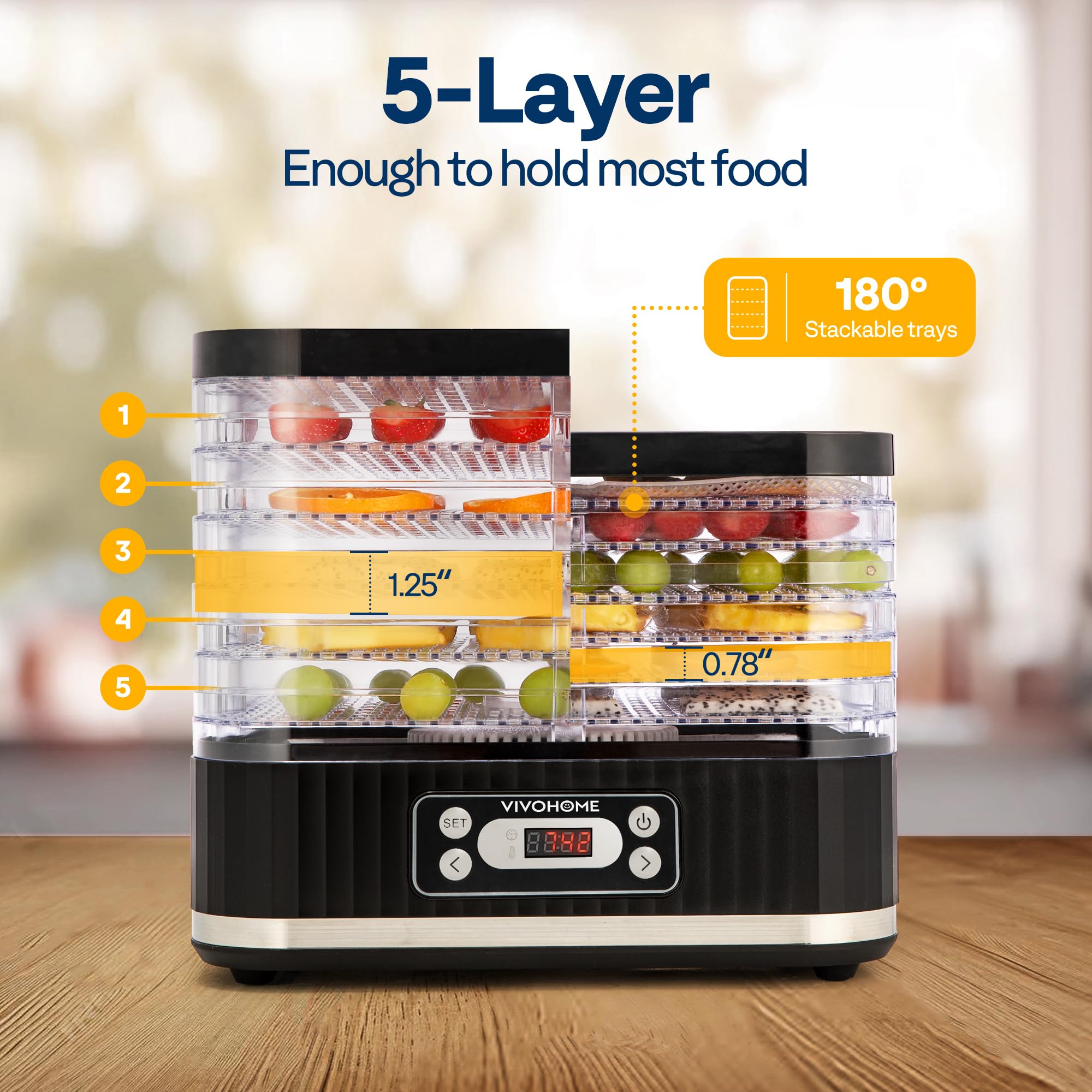 VIVOHOME Dörrautomat mit 8 Einlegefächern 400W BPA frei Dörrgerät mit Temperaturregler von 35°C bis 70°C inkl.72H Timer und Rezept für Fleisch,Obst,Haustier-Leckereiene