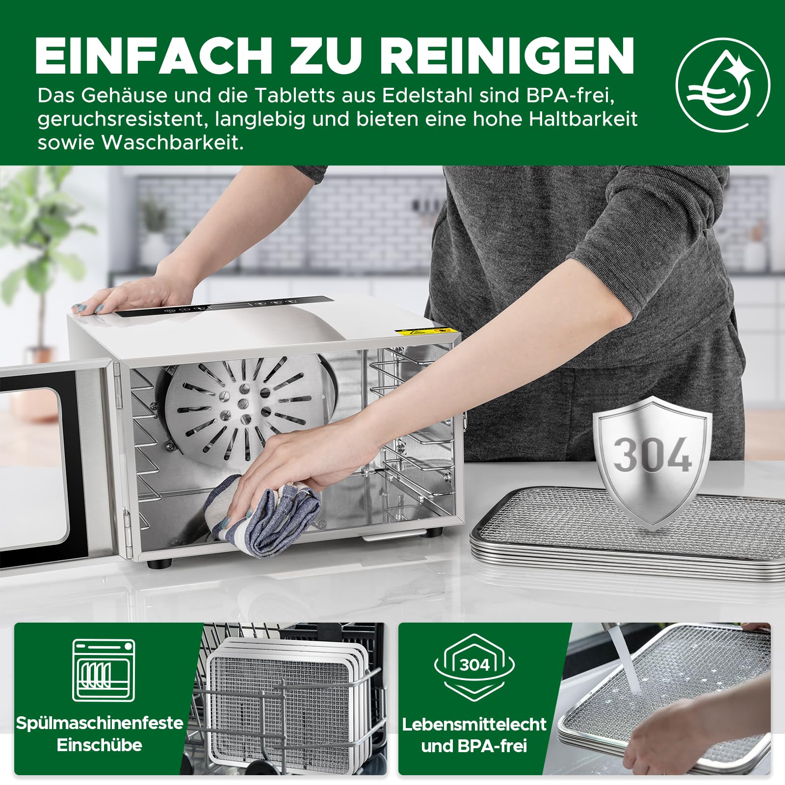 Kwasyo Dörrautomat Edelstahl DA 1000, XXL-Dörrfläche 1,8 m², Dörrgerät Temperatur einstellbar 30-90℃, LED-Display, 24 Std, BPA-frei, mit Rezeptheft, 10 Edelstahl-Dörrtabletts