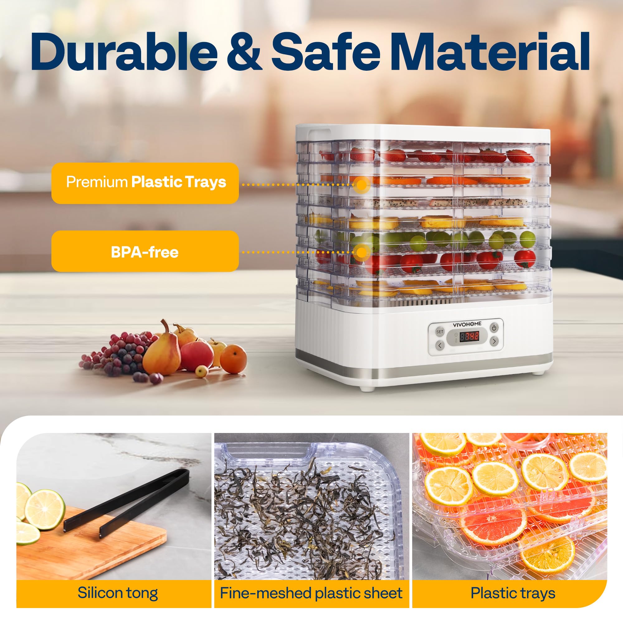 VIVOHOME Dörrautomat mit 8 Einlegefächern 400W BPA frei Dörrgerät mit Temperaturregler von 35°C bis 70°C inkl.72H Timer und Rezept für Fleisch,Obst,Haustier-Leckereiene