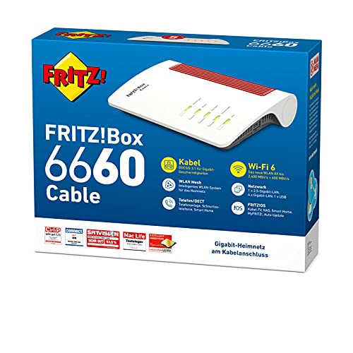 AVM FRITZ!Box 6660 Cable (DOCSIS-3.1-Kabelmodem, 2x2 WLAN AX (Wi-Fi 6) mit 2.400 MBit/s (5 GHz) und 600 MBit/s (2,4 GHz), 1 x 2,5 Gigabit-LAN-Port)