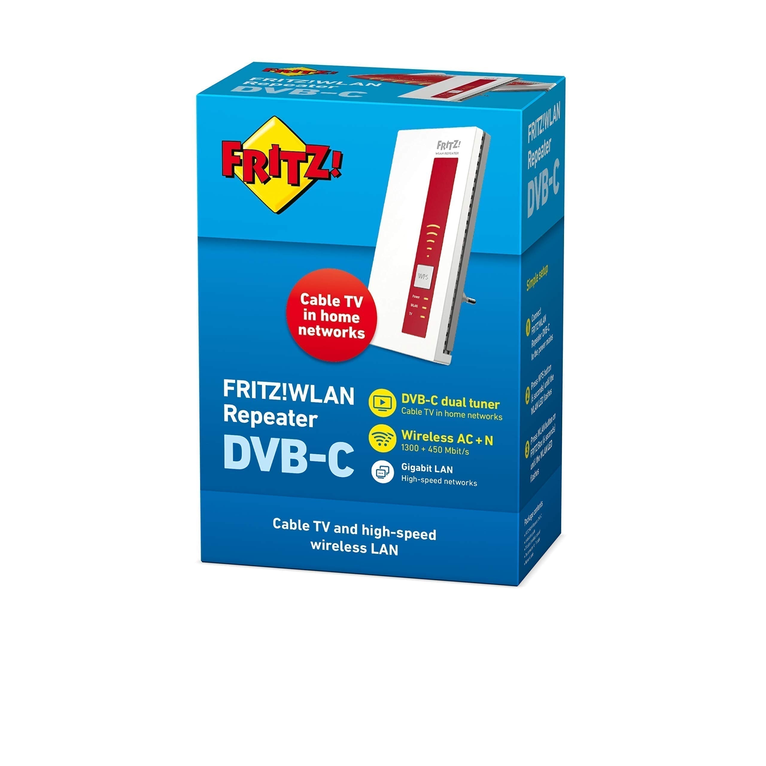 AVM FRITZ!WLAN Repeater DVB-C (Dual-Tuner für Kabel-TV (DVB-C), WLAN AC + N bis zu 1.300 MBit/s (5 GHz) + 450MBit/s (2,4 GHz)), weiß, deutschsprachige Version