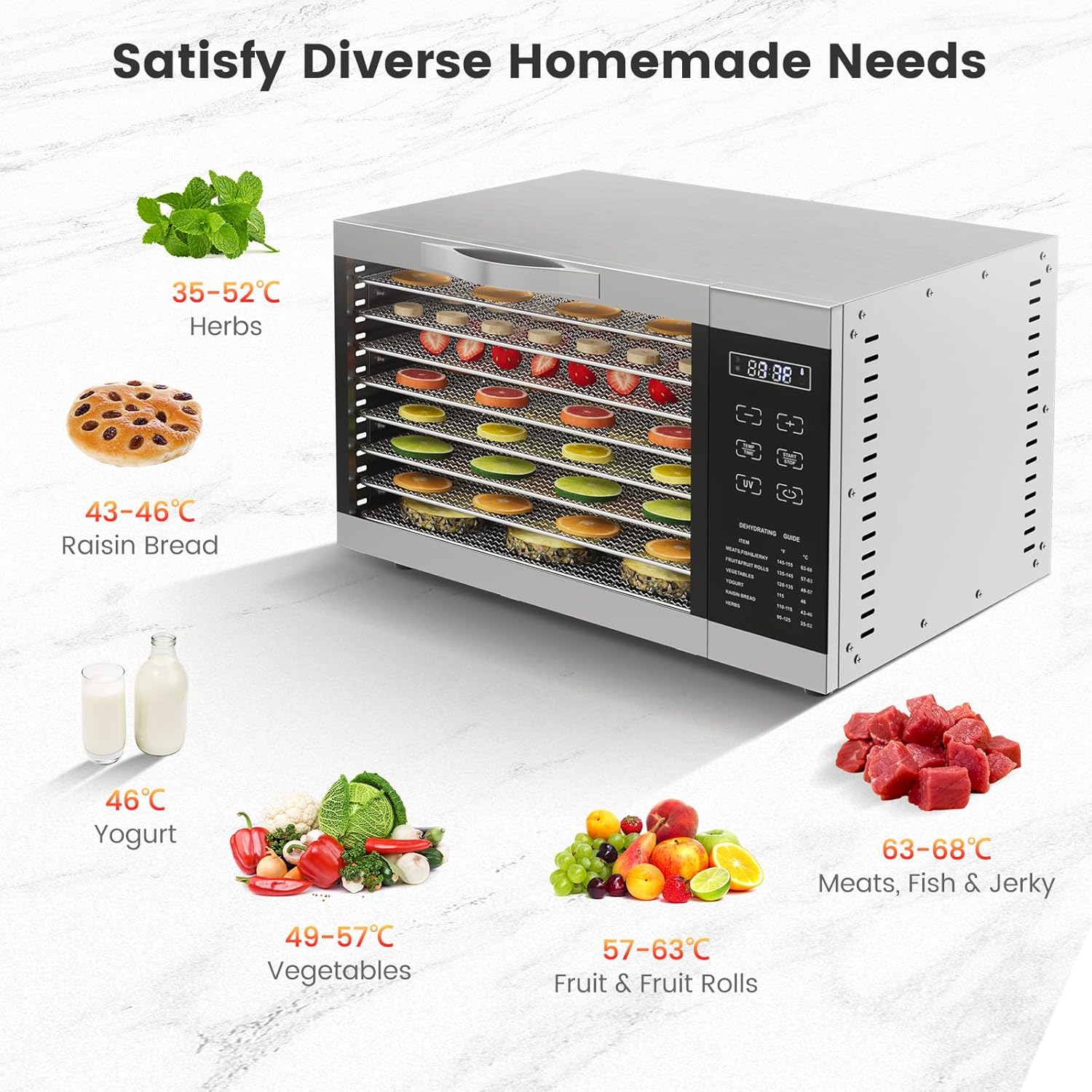 RELAX4LIFE Dörrautomat Edelstahl, Dörrgerät Temperatur einstellbar 30-70℃, Food Dehydrator inkl. 8 Edelstahl-Dörrtabletts, Touch-Display, 24 Std, für Lebensmittel Fleisch Früchte Gemüse